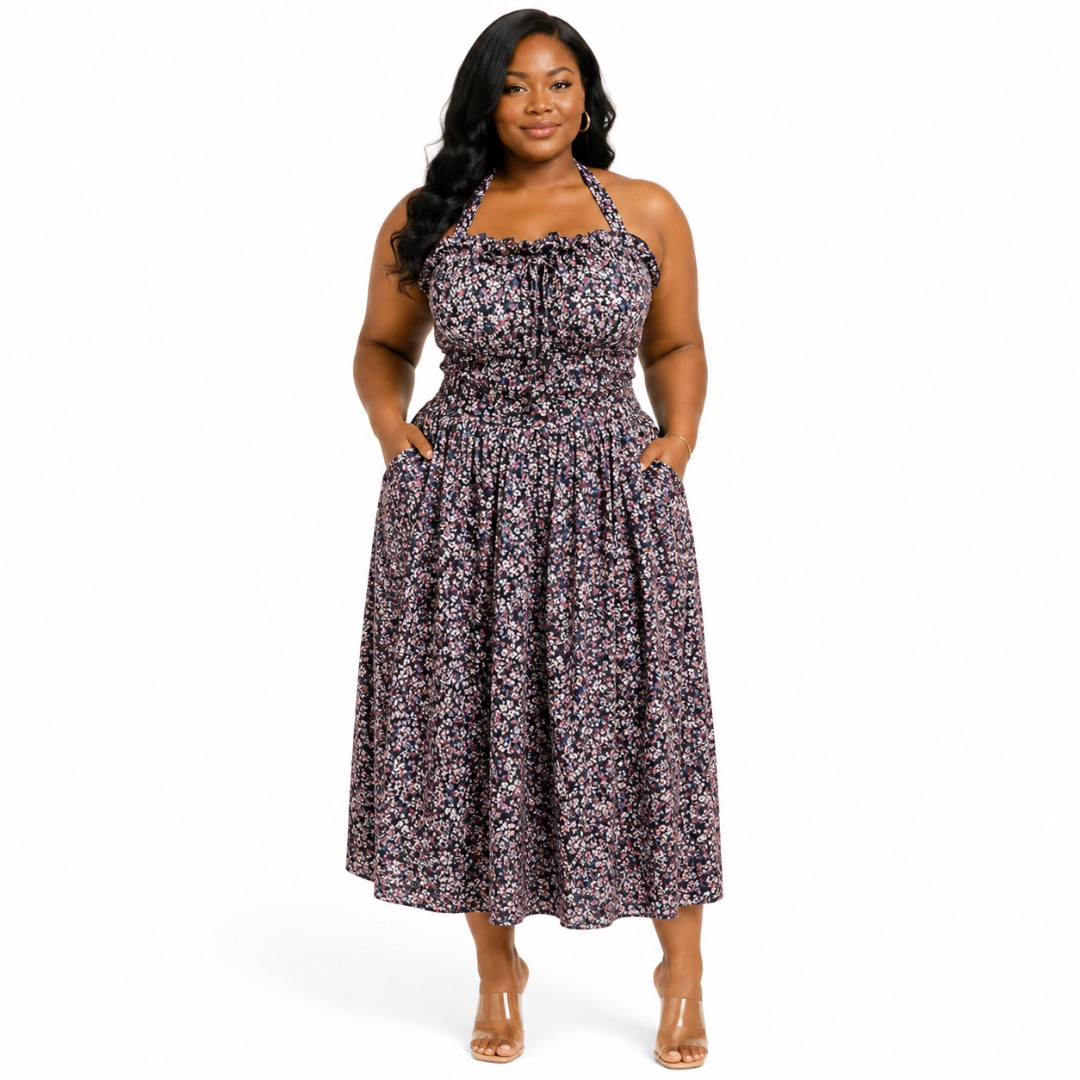 Floral Halter Neck Ruffle Bodice Midi Dress